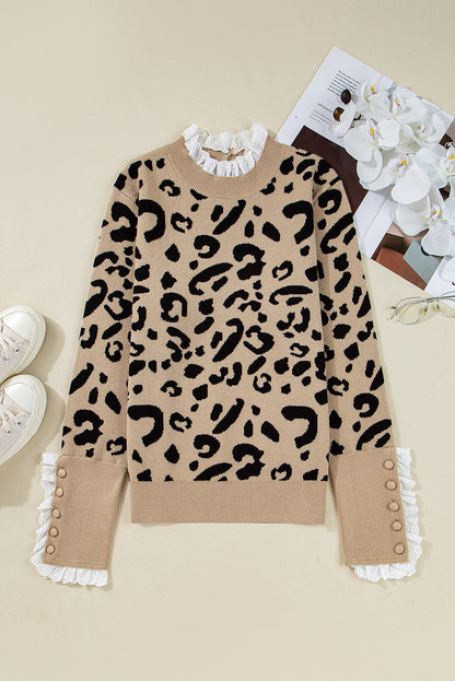Brown Leopard Pattern Lace Trim Ribbed Detail Button Cuffed Sweater - FamilyClothes