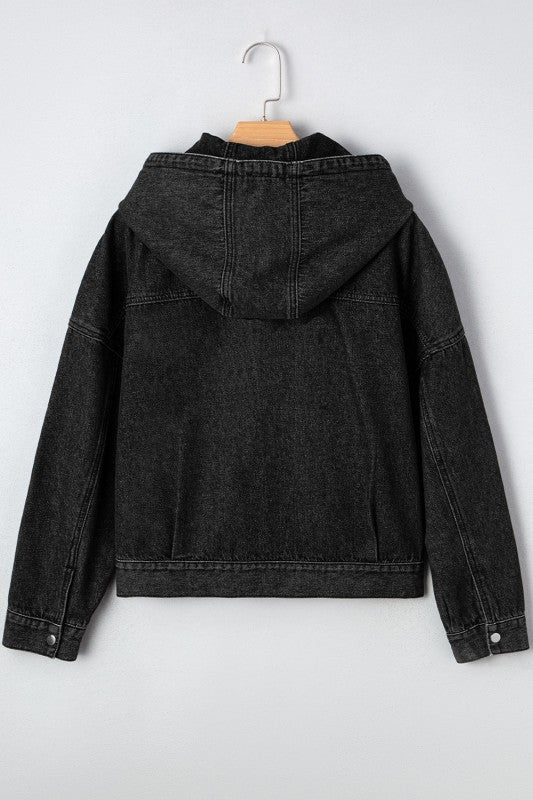 Denim Chest Pocket Drop Shoulder Hooded Jacket - FamilyClothes