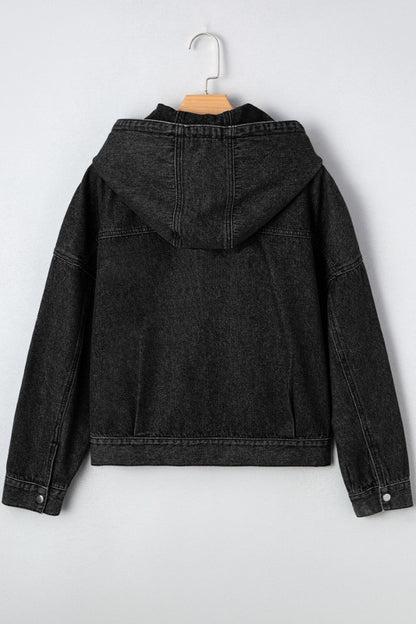 Denim Chest Pocket Drop Shoulder Hooded Jacket - FamilyClothes