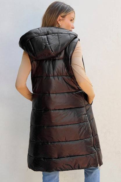 Solid Quilted Long Hooded Vest Coat - FamilyClothes