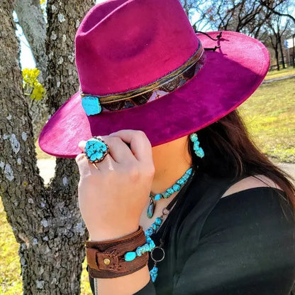 Magenta Navajo Turq Slab Leather Band Choice Hat - FamilyClothes