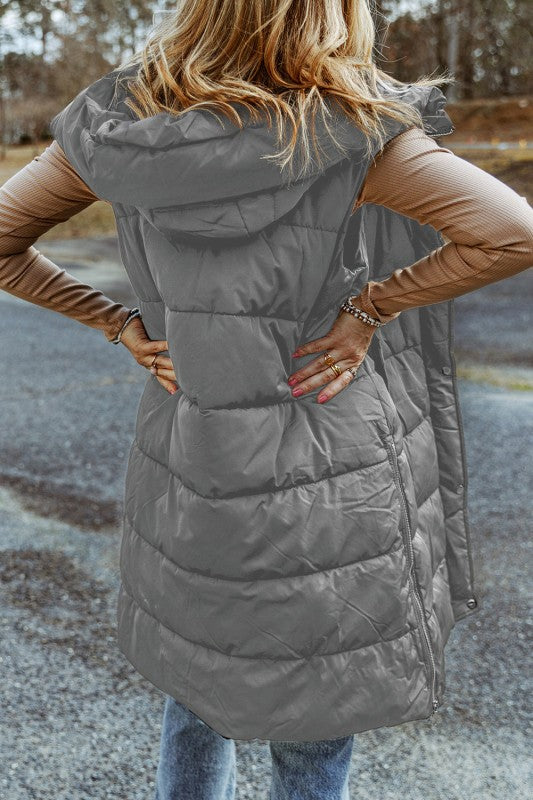 Solid Quilted Long Hooded Vest Coat - FamilyClothes