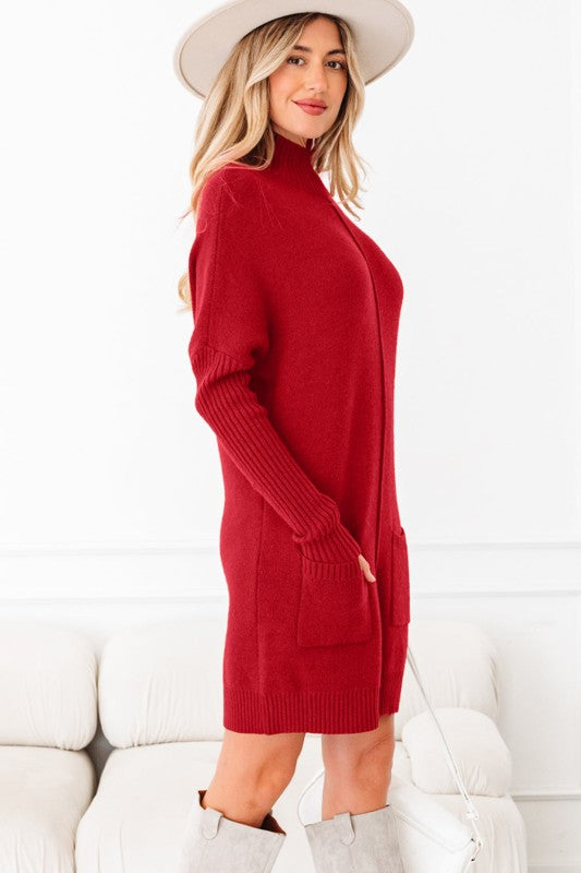 Solid Ribbed Mock Neck Sweater Dress - FamilyClothes