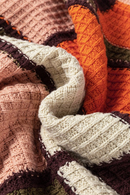 Colorblock Waffle Knit Sweater with Drawstring Mock Neck - FamilyClothes