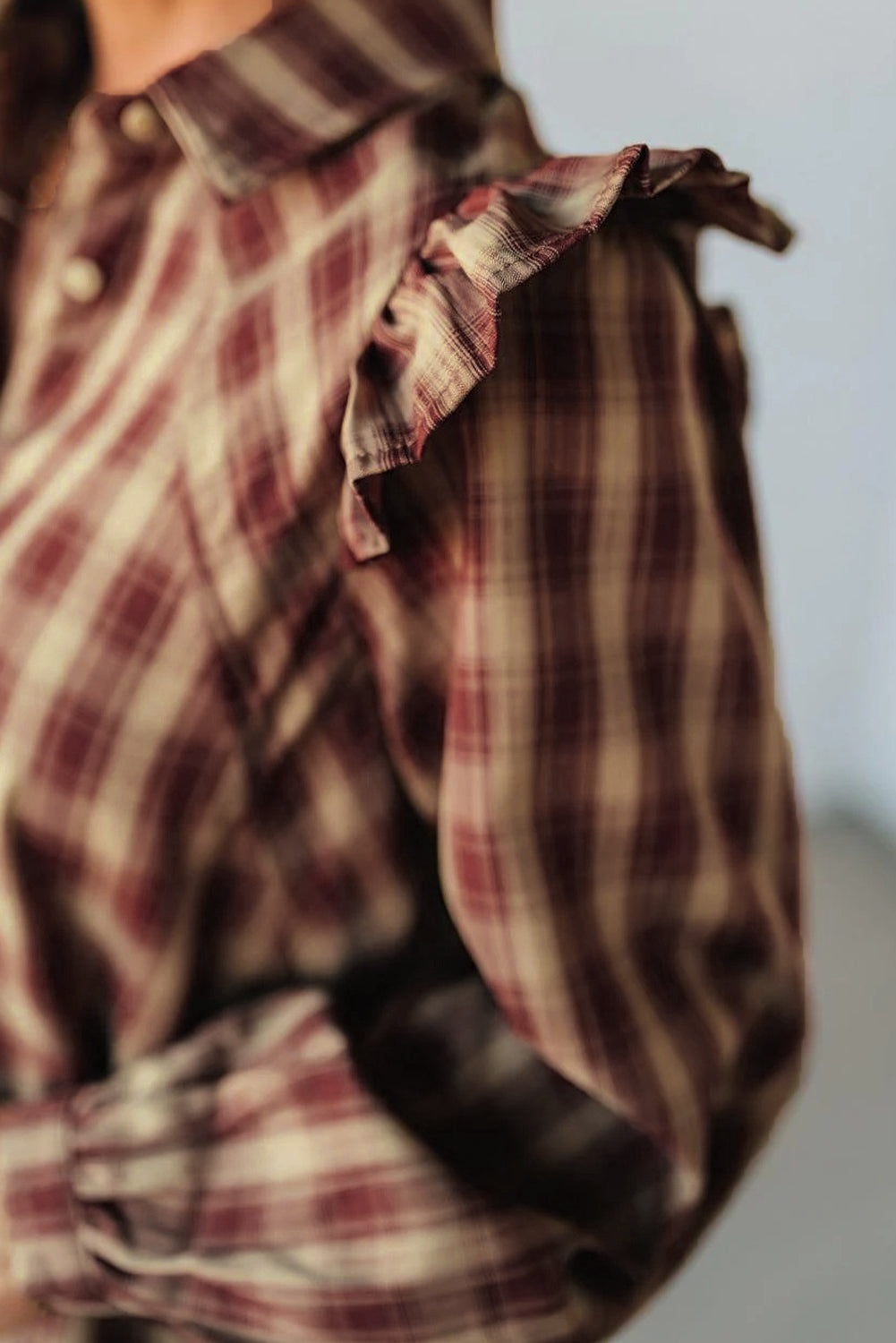 Red Plaid Mini Shirt Dress with Ruffled Long Sleeves and Patchwork Hem - FamilyClothes