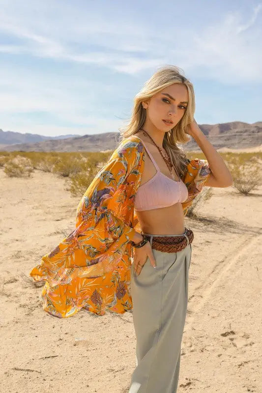 Tropical Leaves Kimono with Draped Sleeves - FamilyClothes