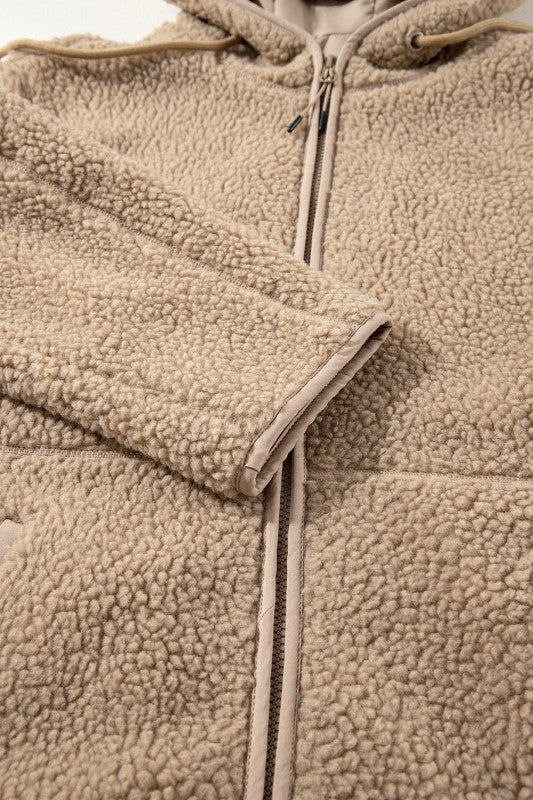 Solid Fleece Zip-Up Drawstring Pocketed Hooded Jac - FamilyClothes