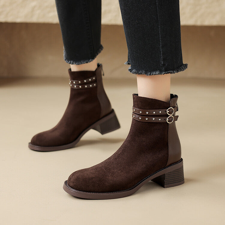Autumn Winter Short Boots for Women - Stylish Women's Autumn Winter Short Boots with Low & Thick Heels and Belt Rivets T6788 - FamilyClothes