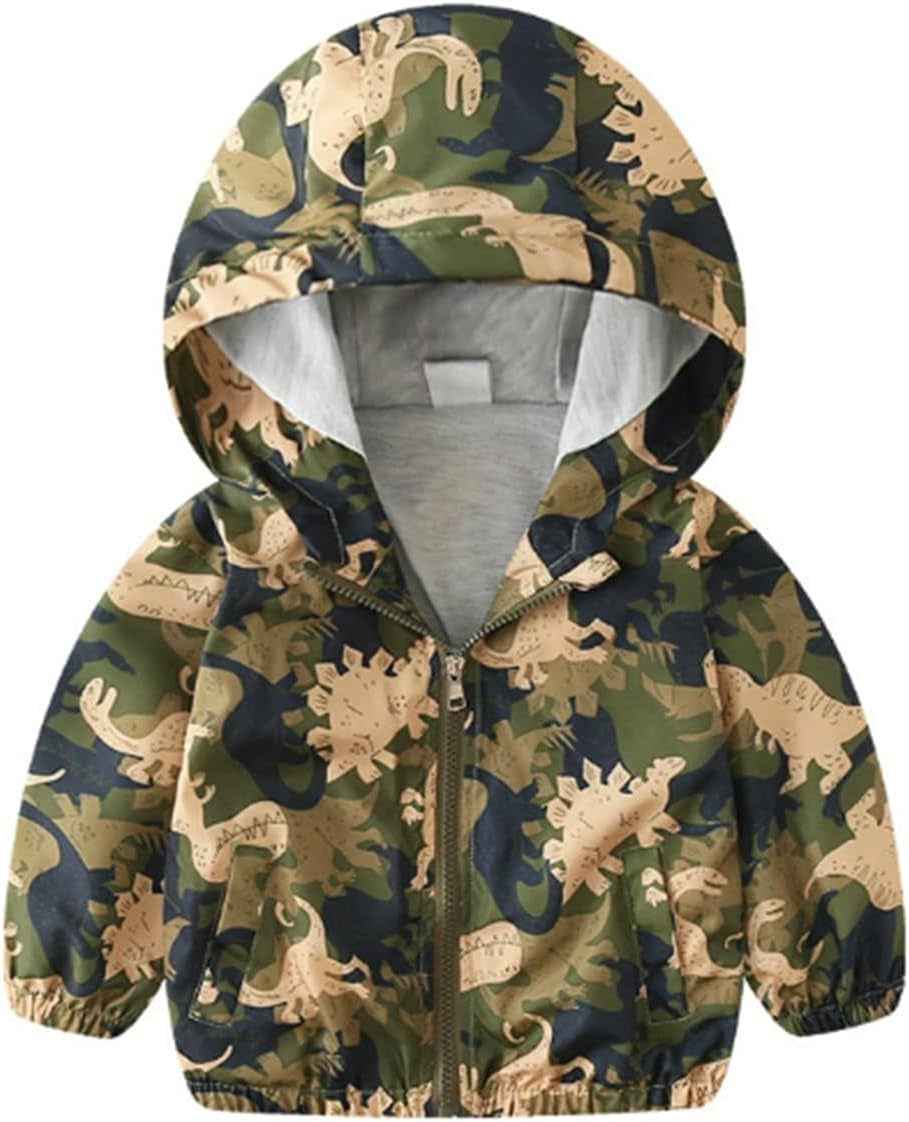 Toddler Boy'S Cartoon Dinosaur Zip Jacket Lightweight Hooded Windbreakers Outdoor Raincoat
