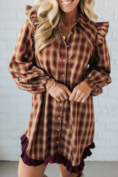 Red Plaid Mini Shirt Dress with Ruffled Long Sleeves and Patchwork Hem - FamilyClothes