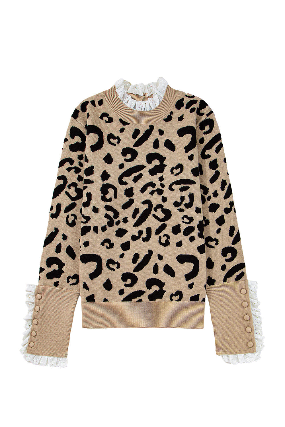 Brown Leopard Pattern Lace Trim Ribbed Detail Button Cuffed Sweater - FamilyClothes