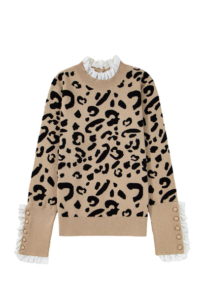 Brown Leopard Pattern Lace Trim Ribbed Detail Button Cuffed Sweater - FamilyClothes