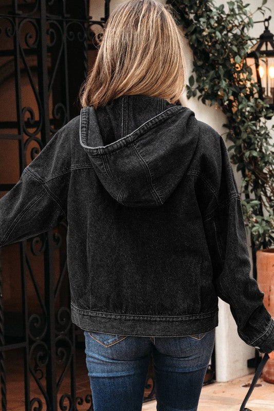 Denim Chest Pocket Drop Shoulder Hooded Jacket - FamilyClothes
