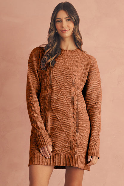 Coffee Knit Sweater Dress - Cable Knit Drop Shoulder Loose Fit Design - FamilyClothes