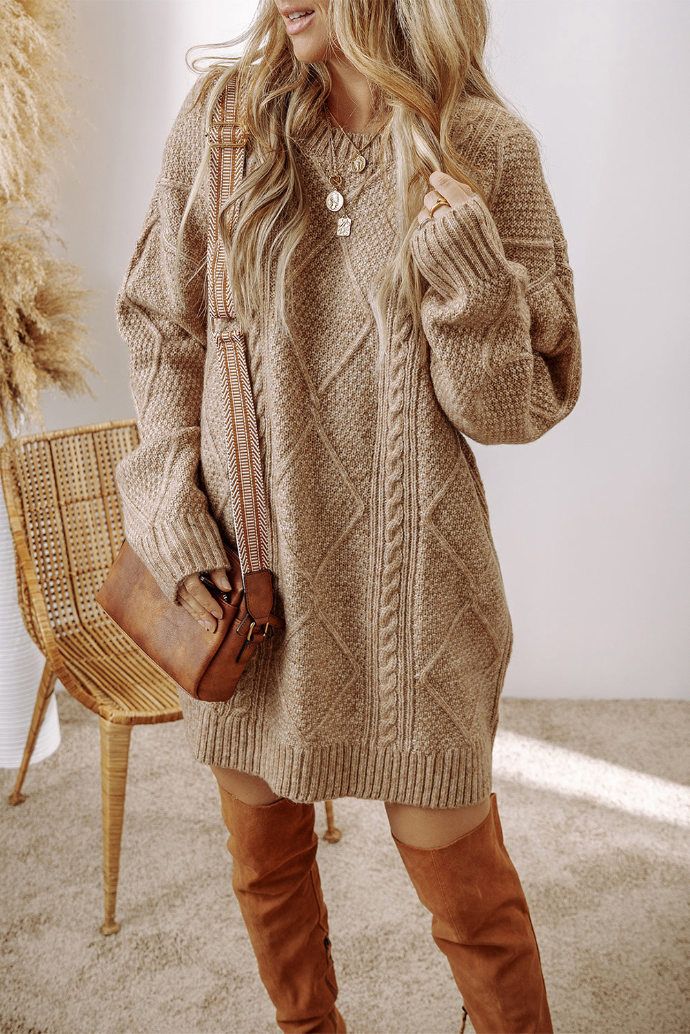 Coffee Knit Sweater Dress - Cable Knit Drop Shoulder Loose Fit Design - FamilyClothes