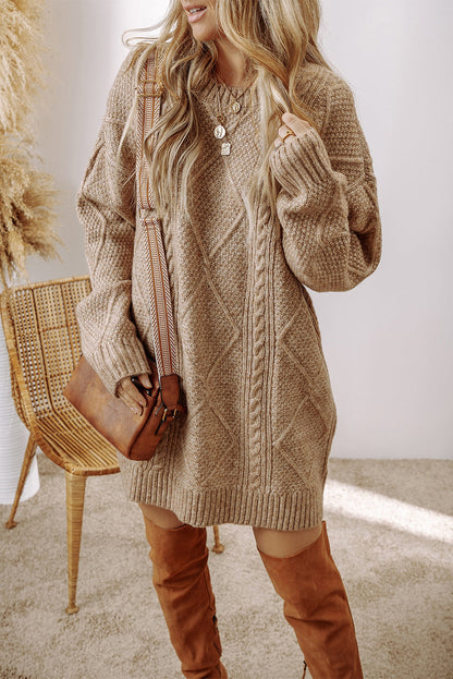 Coffee Knit Sweater Dress - Cable Knit Drop Shoulder Loose Fit Design - FamilyClothes