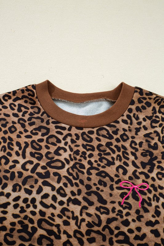 Leopard Contrast Trim Top and Pants Set - FamilyClothes