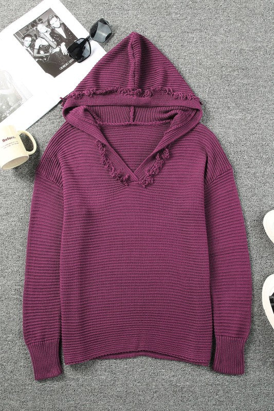Solid Ribbed Drop Shoulder Hooded V-Neck Sweater - FamilyClothes