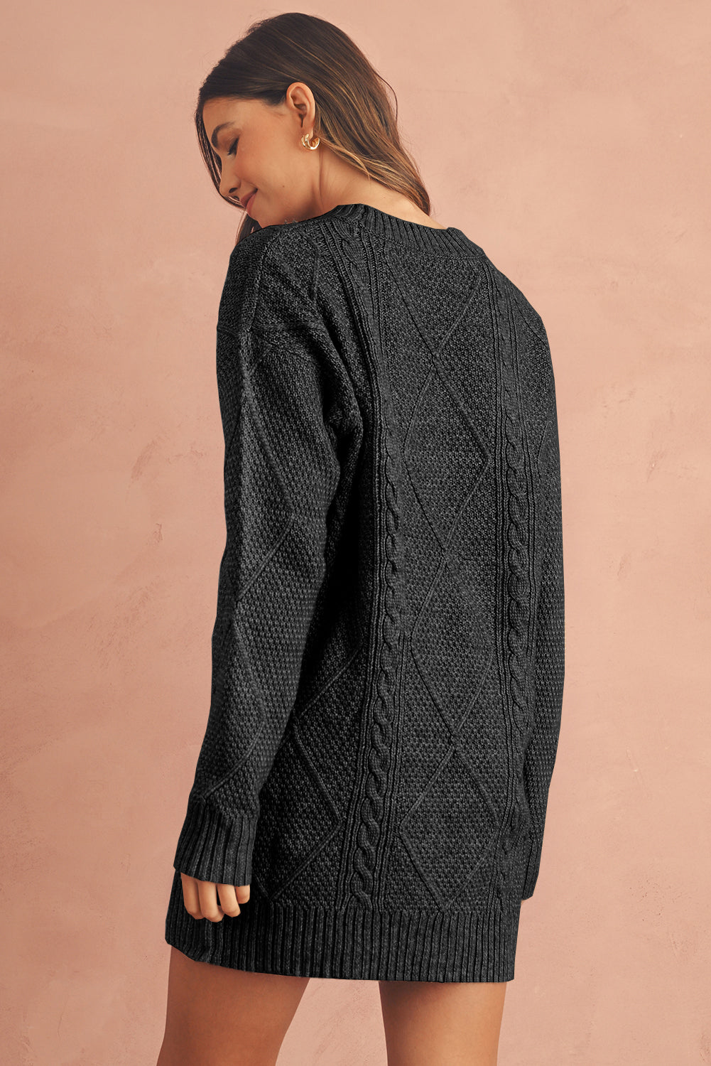 Coffee Knit Sweater Dress - Cable Knit Drop Shoulder Loose Fit Design - FamilyClothes