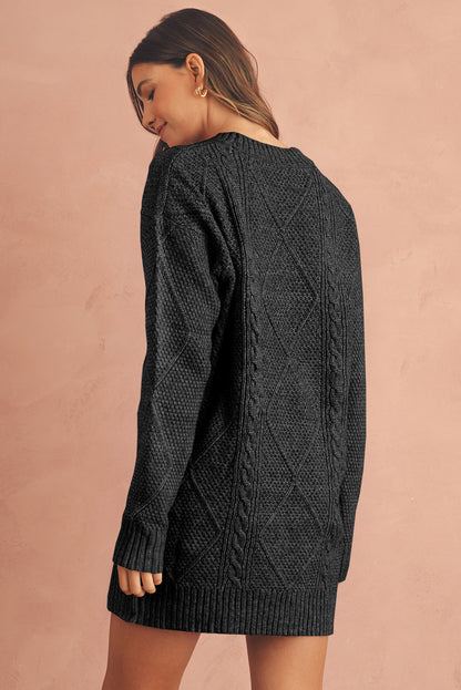 Coffee Knit Sweater Dress - Cable Knit Drop Shoulder Loose Fit Design - FamilyClothes