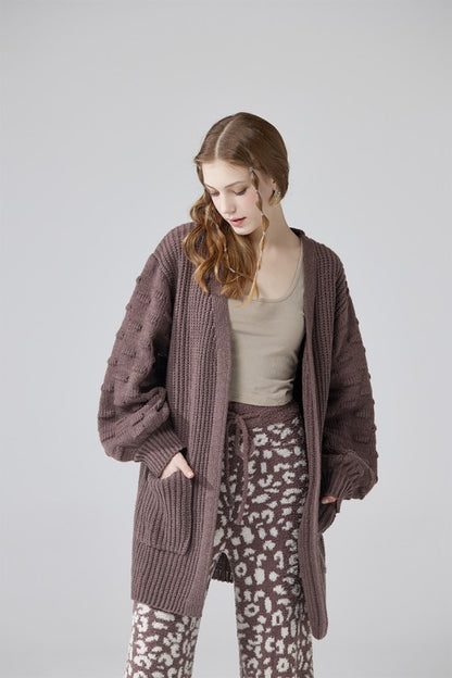 Oversized Cardigan with Pompom Sleeves for Cozy Style - FamilyClothes
