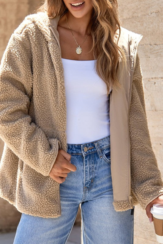 Solid Fleece Zip-Up Drawstring Pocketed Hooded Jac - FamilyClothes