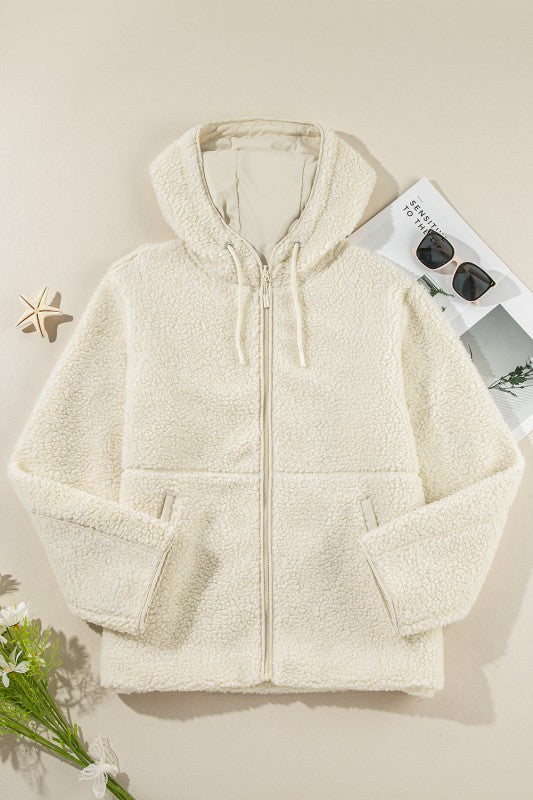 Solid Fleece Zip-Up Drawstring Pocketed Hooded Jac - FamilyClothes
