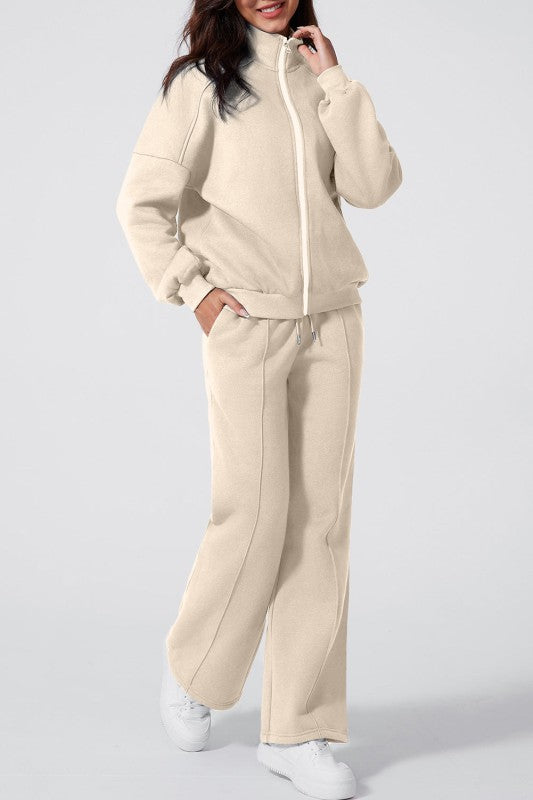 Solid Zip-Up Jacket and Drawstring Pants Set - FamilyClothes