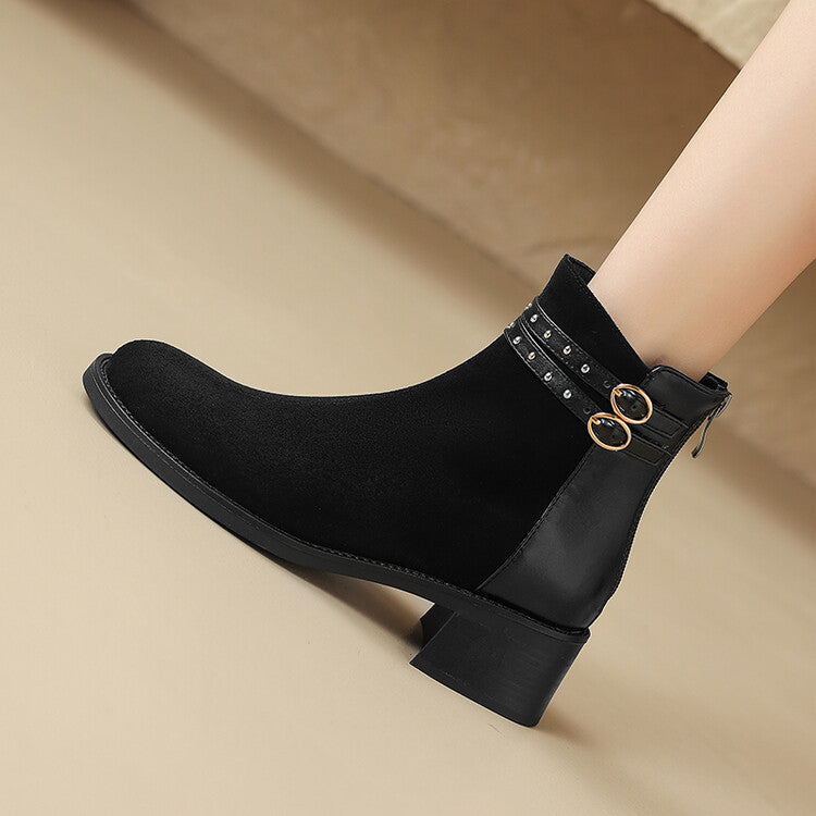 Autumn Winter Short Boots for Women - Stylish Women's Autumn Winter Short Boots with Low & Thick Heels and Belt Rivets T6788 - FamilyClothes
