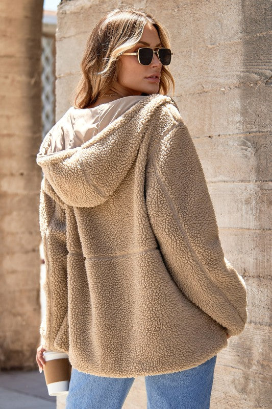 Solid Fleece Zip-Up Drawstring Pocketed Hooded Jac - FamilyClothes