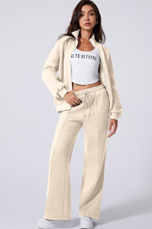 Solid Zip-Up Jacket and Drawstring Pants Set - FamilyClothes