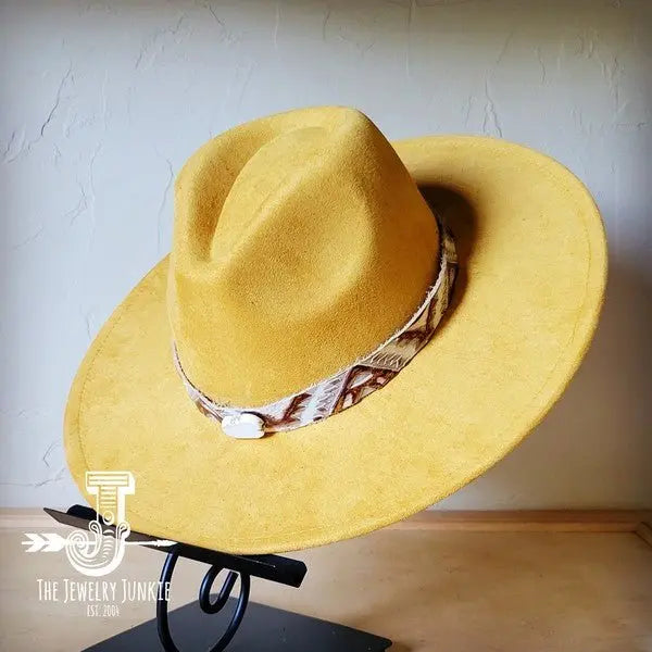 Gold Aztec Turquoise Leather Hat with Turquoise Slab Band - FamilyClothes