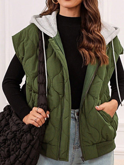 Oversized Puffer Vest with Drawstring Hood and Zip Up Closure - FamilyClothes