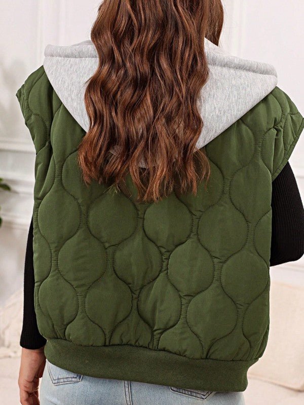 Oversized Puffer Vest with Drawstring Hood and Zip Up Closure - FamilyClothes