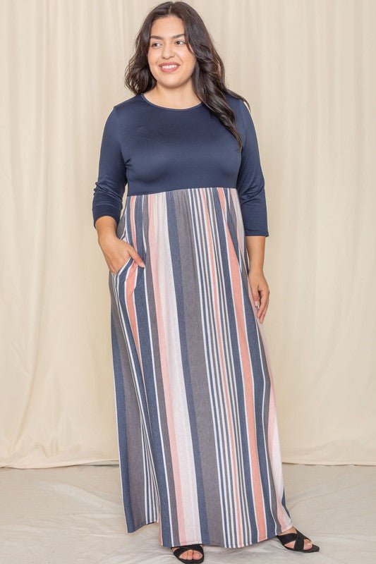 Plus Stripe Quarter Sleeve Maxi Dress - FamilyClothes