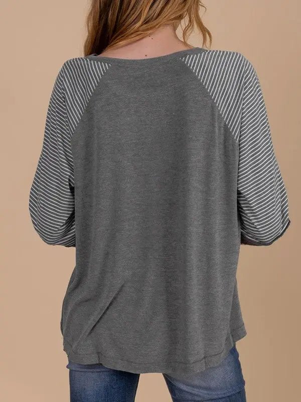 Viscose Striped Raglan Long Sleeve Loose Top - FamilyClothes