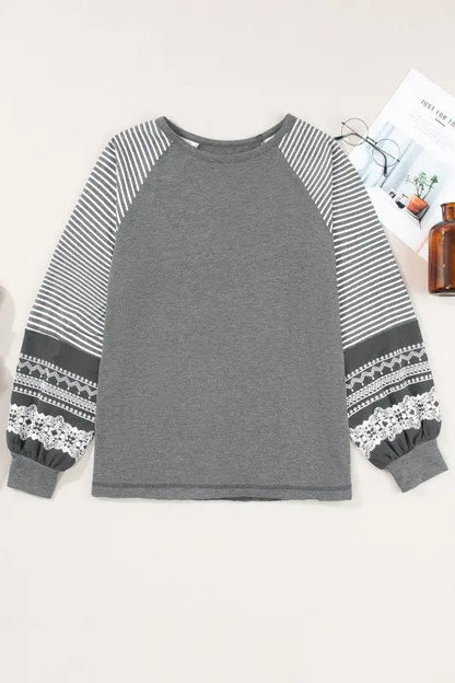 Viscose Striped Raglan Long Sleeve Loose Top - FamilyClothes