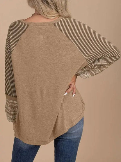 Viscose Striped Raglan Long Sleeve Loose Top - FamilyClothes