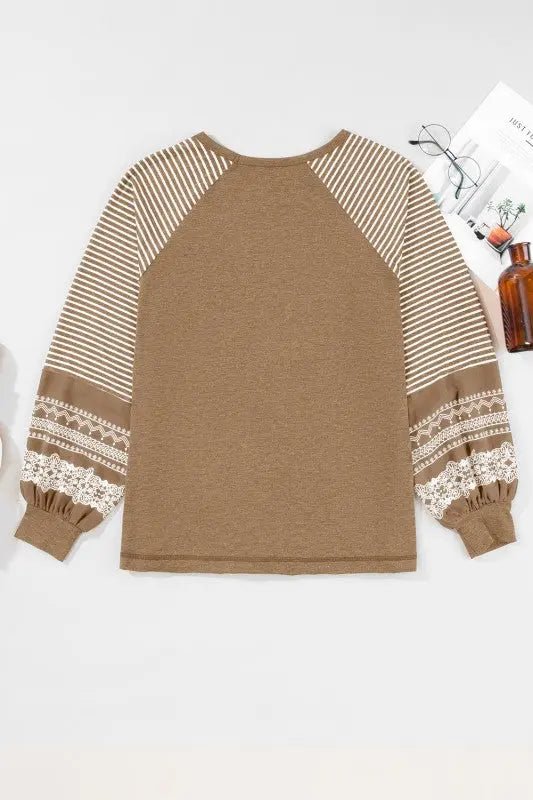 Viscose Striped Raglan Long Sleeve Loose Top - FamilyClothes